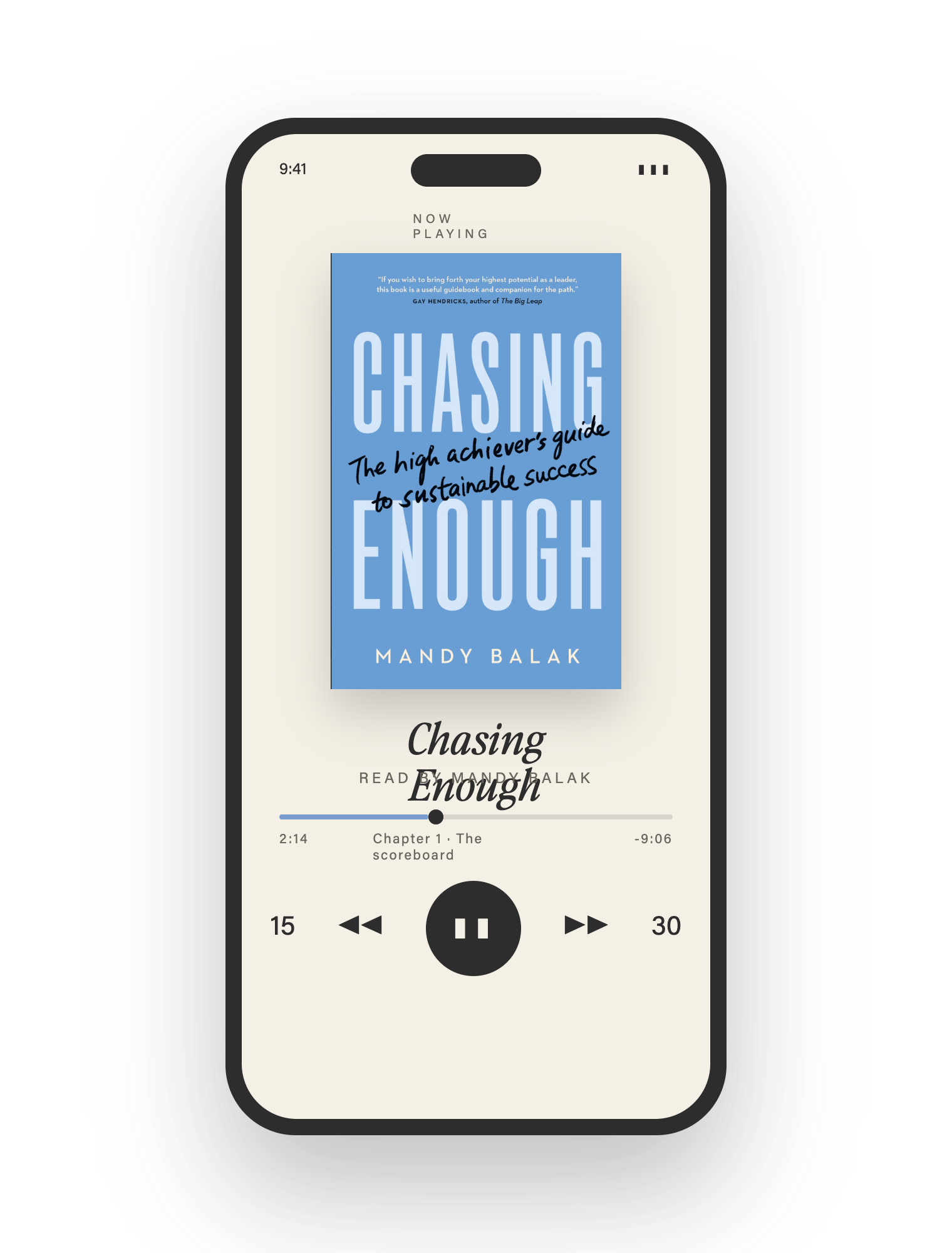 Chasing Enough audiobook — phone mockup with headphones